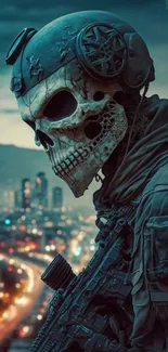 Futuristic soldier with skull helmet overlooking city nightscape.