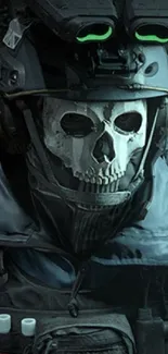 Futuristic soldier with skull mask in tactical gear on a dark background.