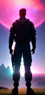 Silhouette of a soldier under a neon pink moon with mountains in the background.