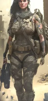 Futuristic female soldier in a dystopian setting with detailed armor and battle gear.