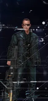 Futuristic soldier stands in a high-tech, dark environment.