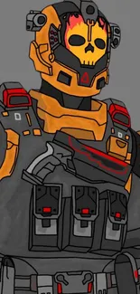 Futuristic soldier with orange armor and a skull helmet on a mobile wallpaper.