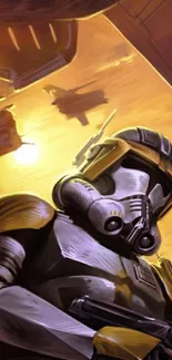 Futuristic soldier in a golden cityscape wallpaper.