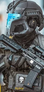 Futuristic soldier with advanced armor and weapon in high detail image.