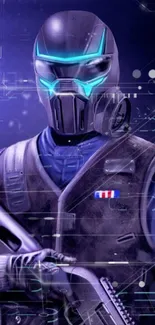 Futuristic soldier with glowing blue visor in a digital art wallpaper.