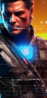 Futuristic soldier with neon background in vibrant orange and blue hues.