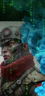 Futuristic soldier with cybernetic features in a digital neon scene.