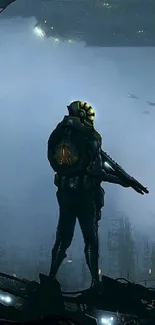 Futuristic soldier stands in a misty, dystopian city skyline.