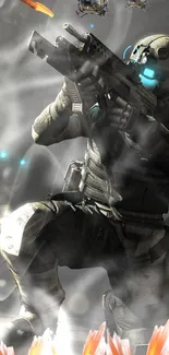 Futuristic soldier in a dynamic combat scene on a mobile wallpaper.