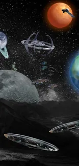 Futuristic space scene with planets and spaceships against a starry black sky.