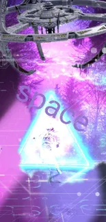 Futuristic space-themed wallpaper with neon and cosmic elements in purple hues.