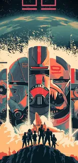 Futuristic space warriors and robots in vibrant sci-fi wallpaper.