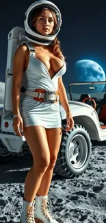 Astronaut in futuristic space scene with lunar backdrop.