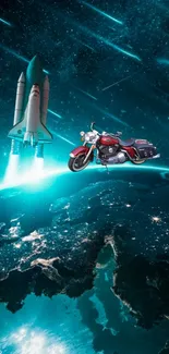 Rocket and motorcycle soar above Earth in a starry space wallpaper.