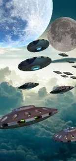 Futuristic UFOs flying in a cloudy sky.