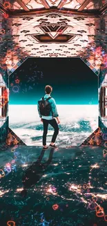 Person exploring futuristic space with a view of Earth.