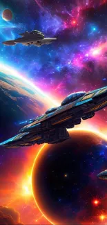 Futuristic space wallpaper with vibrant spaceships and cosmic background.