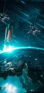 Futuristic wallpaper of spaceship launching into space with galaxy backdrop.