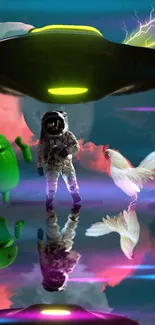 Astronaut, UFO, and Android in cosmic scene with neon colors.