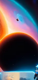 A lone astronaut admires a black planet with vibrant cosmic colors.