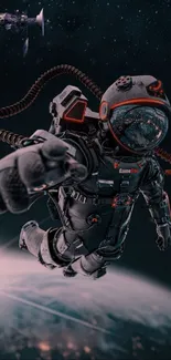 Astronaut floating above Earth in space-themed wallpaper.