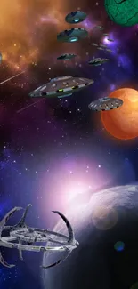 Futuristic space wallpaper with spaceships and planets.