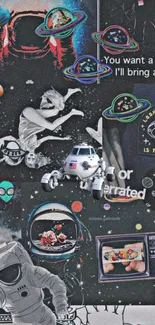 Futuristic space-themed wallpaper with astronauts and aliens in a vibrant collage.