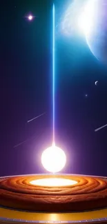 Futuristic cosmic scene with planets and glowing light beam in space.