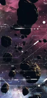 Futuristic space scene with asteroids and digital elements.