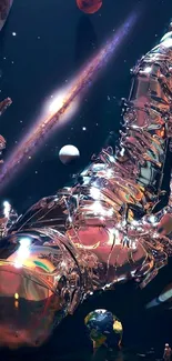 Futuristic metallic astronaut floating in colorful space scene wallpaper.