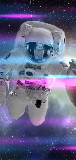 Futuristic astronaut floating in vibrant space with colorful cosmic background.