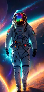 Astronaut in futuristic spacesuit floating in colorful galaxy.