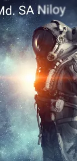 Astronaut in space with cosmic background, futuristic and serene.