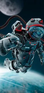 Astronaut in futuristic suit floating in space with Earth and moon in background.