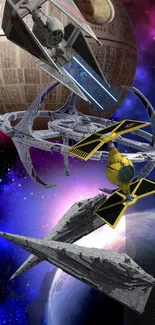 Futuristic starships in an epic interstellar battle in space.