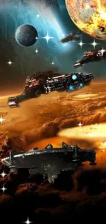 Intergalactic starships and fiery planets in a space battle scene.