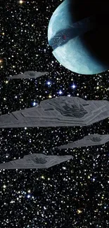 Sci-fi space scene with starships and a distant planet.