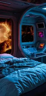 Futuristic bedroom with galaxy view.