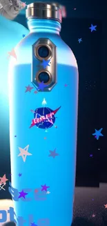 A vibrant blue space-themed bottle with cosmic decorations.