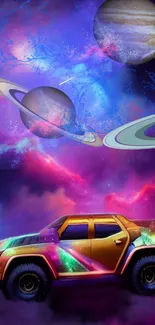 Futuristic car in space with planets and vibrant colors.