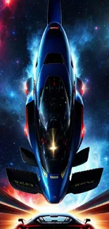 Futuristic space car with cosmic backdrop in vibrant colors.