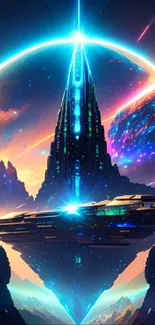 Futuristic space cityscape with neon lights and glowing skyline.