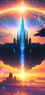 Futuristic space cityscape with vibrant orange and blue colors.