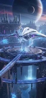 Futuristic space cityscape with spaceship and platforms.
