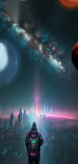 Futuristic cityscape with planets and galaxies in vibrant space setting.