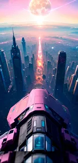 Spaceship over futuristic cityscape under a vibrant pink and orange sky.