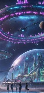 Futuristic neon-lit alien cityscape in space.