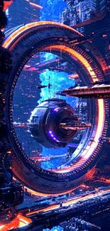 Futuristic sci-fi city with neon elements and intricate space architecture.