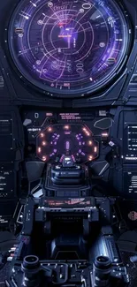 Futuristic spaceship cockpit with glowing controls.