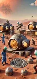 Astronauts in futuristic Martian camp illustration with red planet landscape.